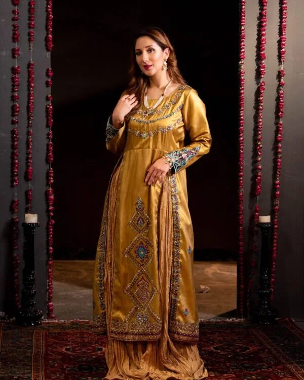 Golden Mustard Zardozi Embroidered Gown