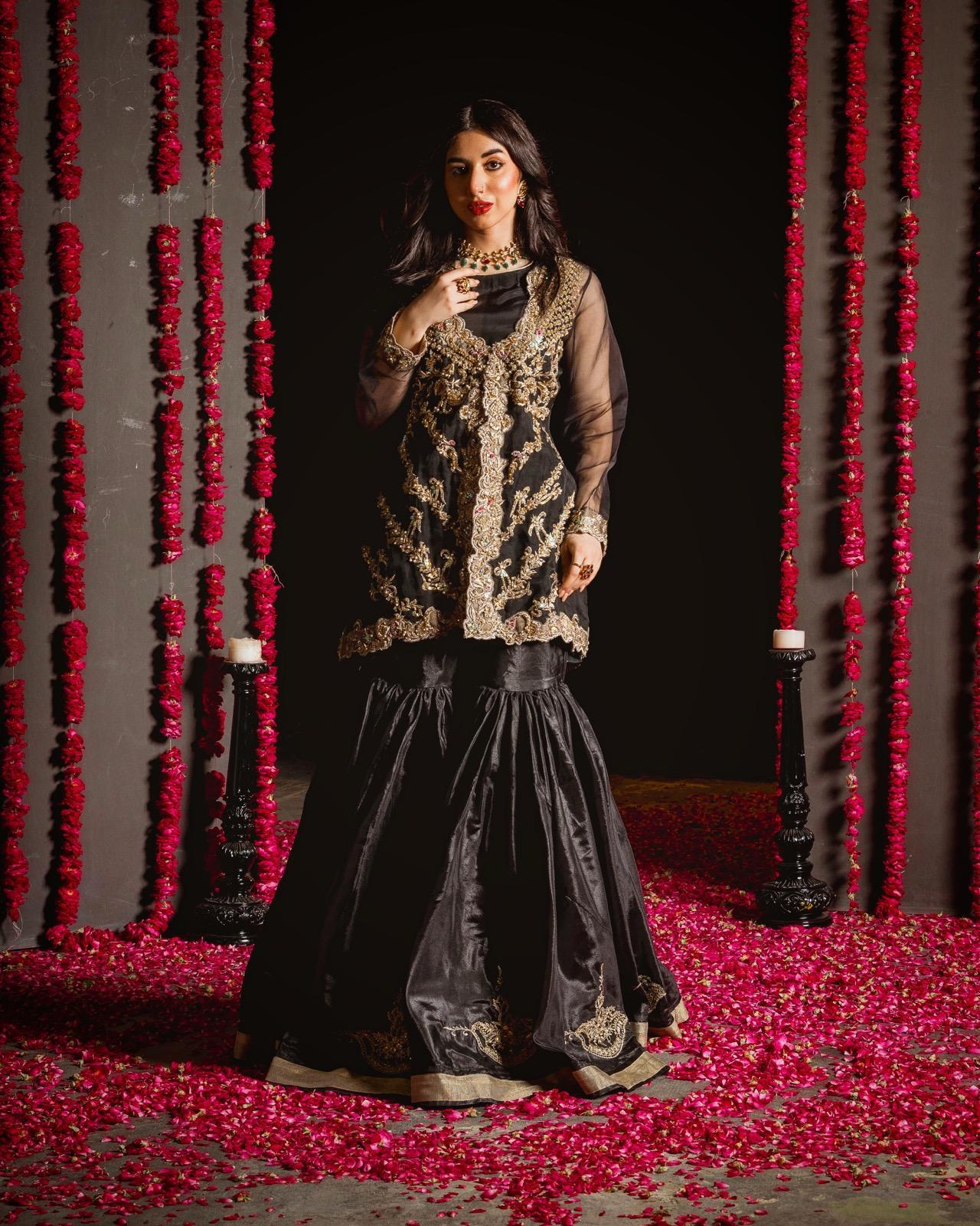 Shafaq Black Embroidered Sharara Suit
