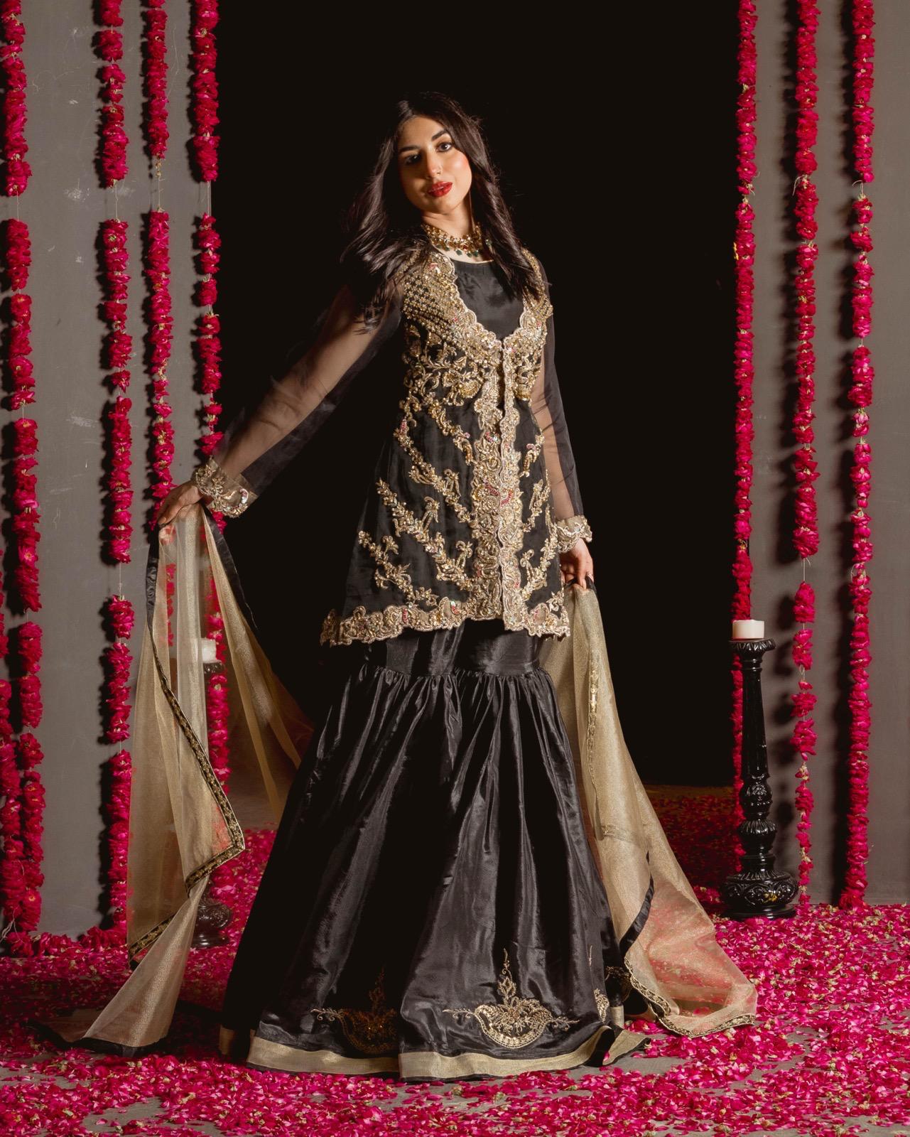 Shafaq Black Embroidered Sharara Suit