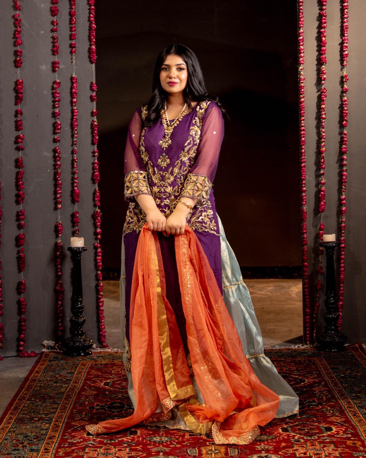 Khubsoorat  Purple Gold Embroidered Sharara Suit