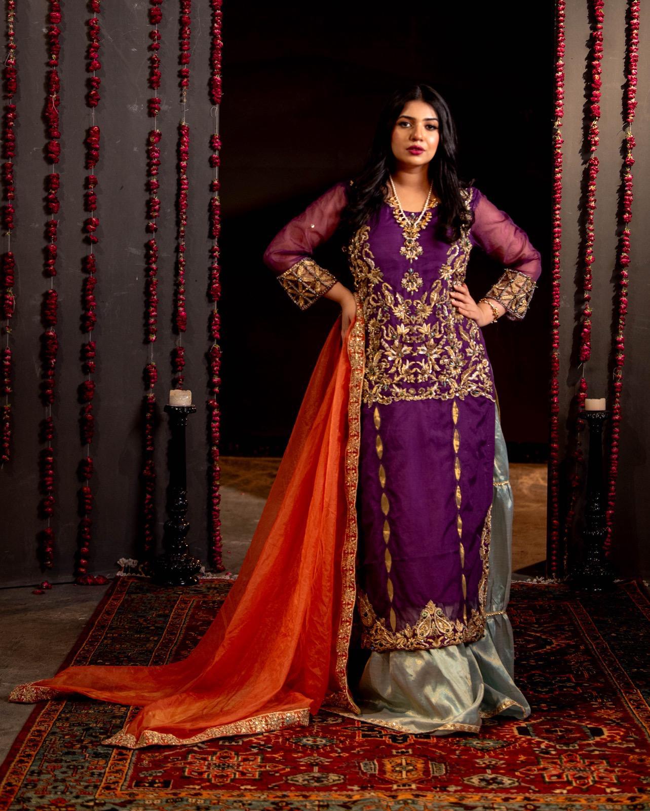 Khubsoorat  Purple Gold Embroidered Sharara Suit