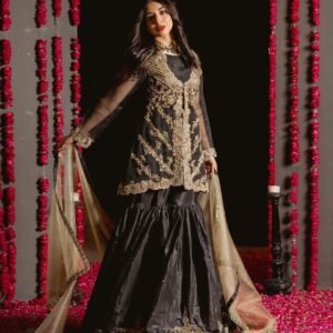 SHAFAQ: Black Embroidered Sharara Suit | Kuts By Mahwish