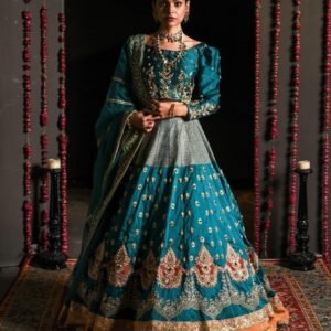 GULL: Handcrafted Teal Embroidered Lehenga | Kuts By Mahwish