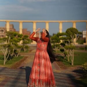 ZARMEEN: Rust Embroidered Formal Gown | Kuts By Mahwish