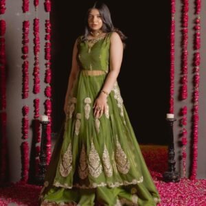 HAARA: Olive Green Embroidered Lehenga | Kuts By Mahwish