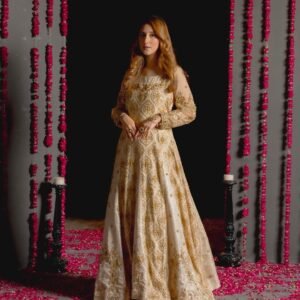 Breathtaking Gold Embroidered Raw Silk Gown | Kuts By Mahwish