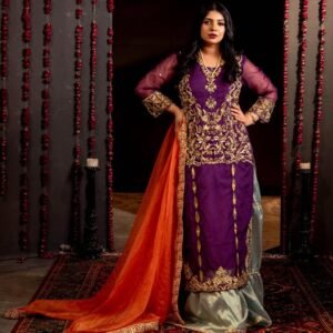 KHUBSOORAT: Purple Gold Embroidered Sharara Suit | Kuts By Mahwish