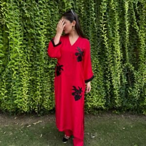 Red & Black Embroidered Thai Silk Kurta Set | Kuts By Mahwish