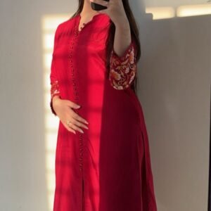 Red Thai Silk Kurta with Floral Palazzo Set | Kuts By Mahwish