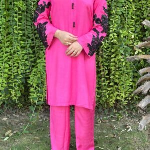 Hot Pink & Black Embroidered Thai Silk Kurta Set | Kuts By Mahwish