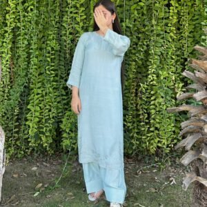 Sky Blue Embroidered Thai Silk Kurta Set | Kuts By Mahwish